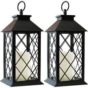 2-Pack 13.5" Vintage Candle Lantern with LED Pillar Candle (Black, 6hr Timer)